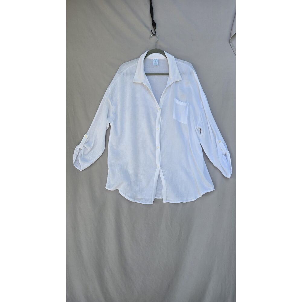 Kona Sol Shirt Women Large White Gauze Button Front Roll Sleeve Beach Top *stain